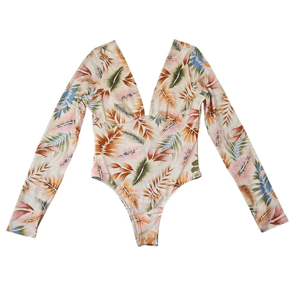 Billabong Island Calling Long Sleeve Swimsuit Tropical Print Salt Crystal NWT M